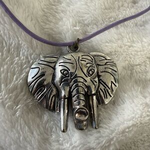 Silver Elephant Pendant Necklace on Lavender Cord